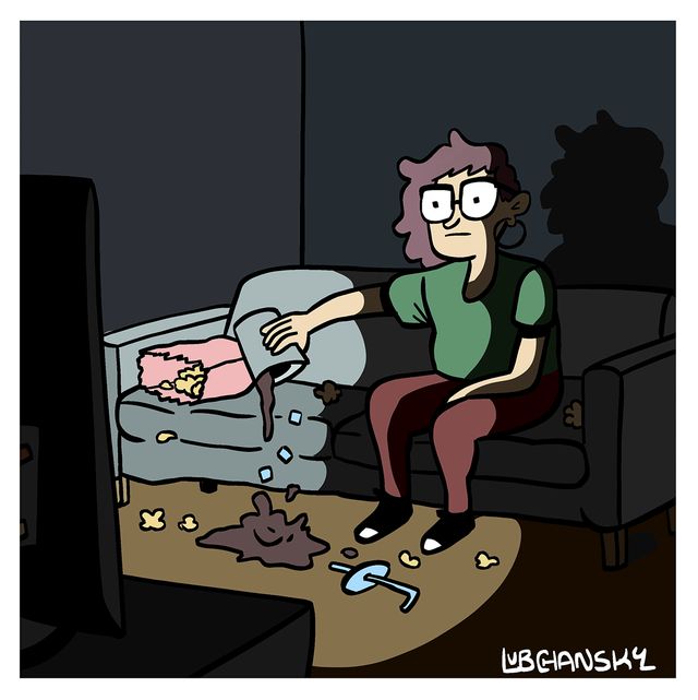 An illustration of Movie Theater normplay, showing a person spilling soda onto the floor while watching a movie in the dark.
